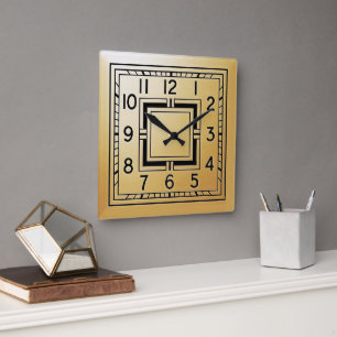 Art Deco Style Square Clock in Gold.