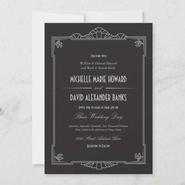 Art Deco Style Wedding Invitation (Silver) (Front)