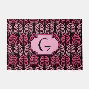 Art Deco Stylised Feather, Fuchsia Pink and Black Doormat