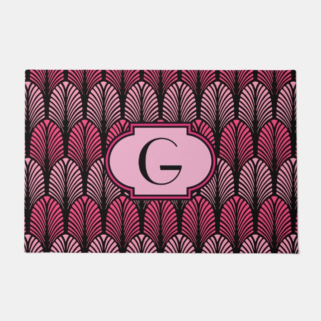 Art Deco Stylised Feather, Fuchsia Pink and Black Doormat (Front)