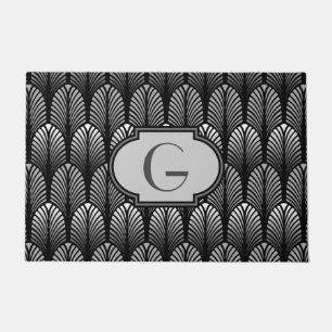 Art Deco Stylised Feather, Silver Grey and Black Doormat