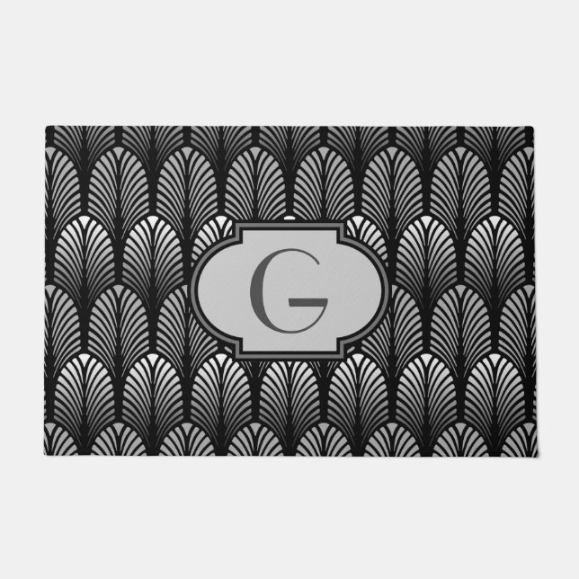 Art Deco Stylised Feather, Silver Grey and Black Doormat (Front)