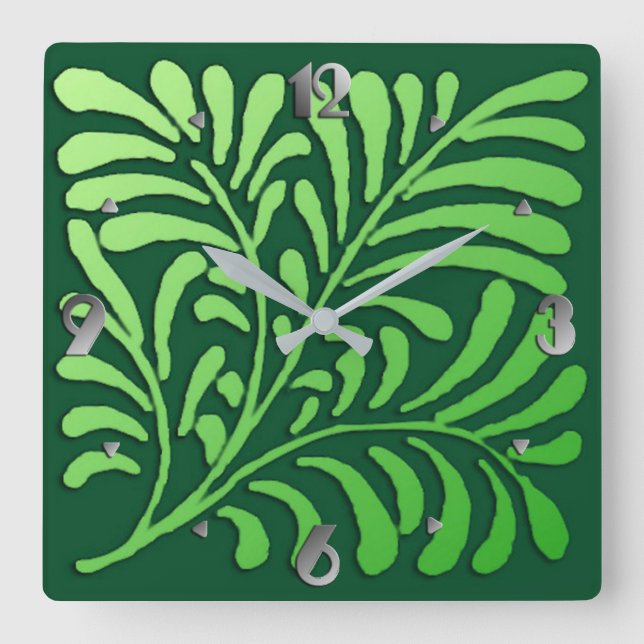 Art Deco Stylised Fern, Shades of Green Square Wall Clock (Front)