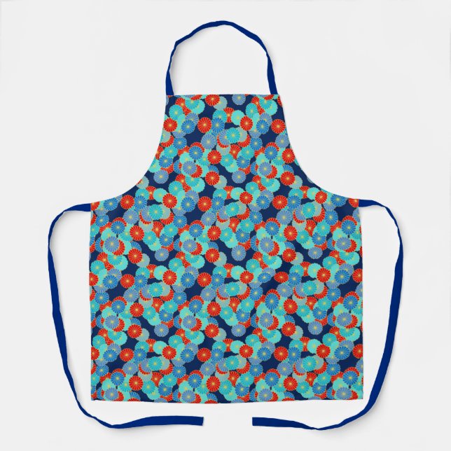 Art Deco Stylised Flowers Blue, Turquoise & Red Apron (Front)