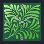 Art Deco Stylized Fern, Shades of Green Square Wall Clock<br><div class="desc">A stylized,  Art Deco fern wallpaper pattern in a soft,  shaded,  green gradient against a deep,  emerald green background,  with silver numbers</div>