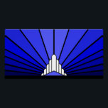 Art deco sun blue poster<br><div class="desc">A classic art deco style sun pattern in blue. 

An iconic pattern of the sun rising from behind a stylized art deco shaped building. A simple yet elegant design,  true to the era.</div>
