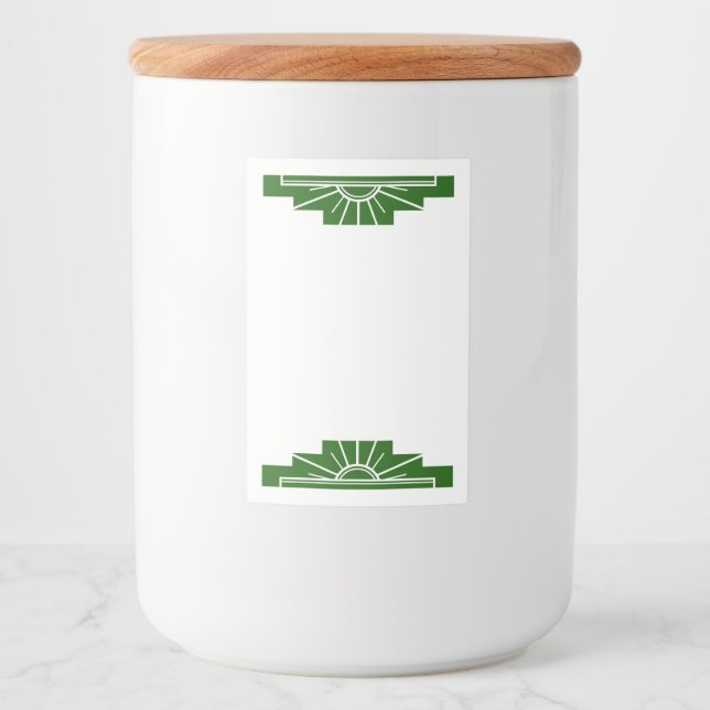 Art deco sun element in dark green food label (Front)
