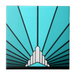 Art deco sun in aqua tile<br><div class="desc">A classic art deco style sun pattern in aqua. 

An iconic pattern of the sun rising from behind a stylized art deco shaped building. A simple yet elegant design,  true to the era.</div>