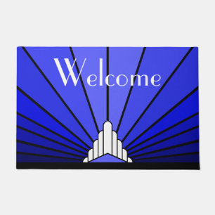Art deco sun in blue doormat