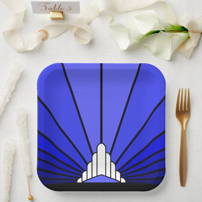Art deco sun in blue Paper Plate (Wedding)