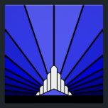 Art deco sun in blue poster<br><div class="desc">A classic art deco style sun pattern in blue. 

An iconic pattern of the sun rising from behind a stylized art deco shaped building. A simple yet elegant design,  true to the era.</div>
