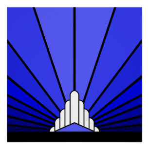 Art deco sun in blue poster