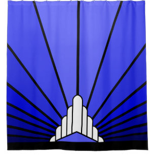 Art deco sun in blue shower curtain