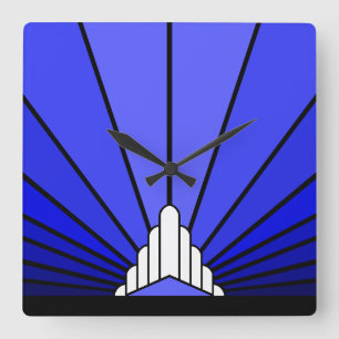 Art deco sun in blue square wall clock