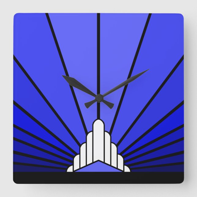 Art deco sun in blue square wall clock (Front)