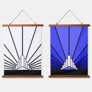 Art deco sun in blue & white hanging tapestry