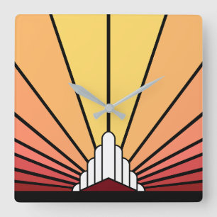 Art deco sun in dawn square wall clock