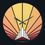 Art deco sun in dawn Wall Clock<br><div class="desc">A classic art deco style sun pattern in dawn colors. 

An iconic pattern of the sun rising from behind a stylized art deco shaped building. A simple yet elegant design,  true to the era.</div>