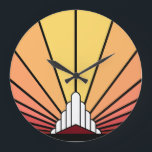Art deco sun in dawn Wall Clock<br><div class="desc">A classic art deco style sun pattern in dawn colors. 

An iconic pattern of the sun rising from behind a stylized art deco shaped building. A simple yet elegant design,  true to the era.</div>