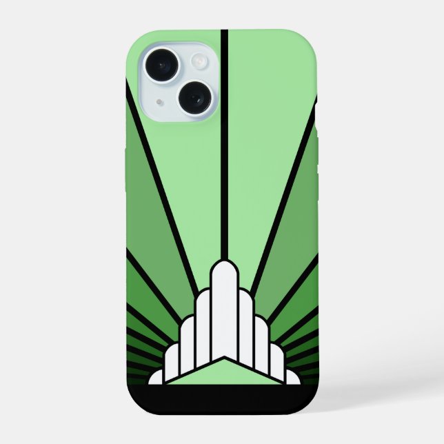 Art deco sun in green iPhone 15 case (Back)