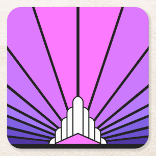 Art deco sun in purple & pink square paper coaster