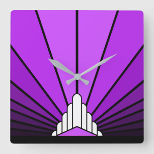 Art deco sun in purple square wall clock