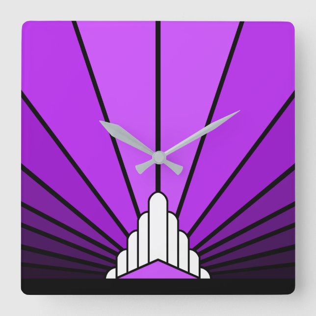 Art deco sun in purple square wall clock (Front)