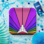 Art deco sun in rainbow Paper Plate<br><div class="desc">A classic art deco style sun pattern in rainbow. 

An iconic pattern of the sun rising from behind a stylized art deco shaped building. A simple yet elegant design,  true to the era.</div>