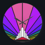 Art deco sun in rainbow Wall Clock<br><div class="desc">A classic art deco style sun pattern in rainbow.
An iconic pattern of the sun rising from behind a stylized art deco shaped building. A simple yet elegant design, true to the era.</div>