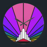Art deco sun in rainbow Wall Clock<br><div class="desc">A classic art deco style sun pattern in rainbow. 

An iconic pattern of the sun rising from behind a stylized art deco shaped building. A simple yet elegant design,  true to the era.</div>