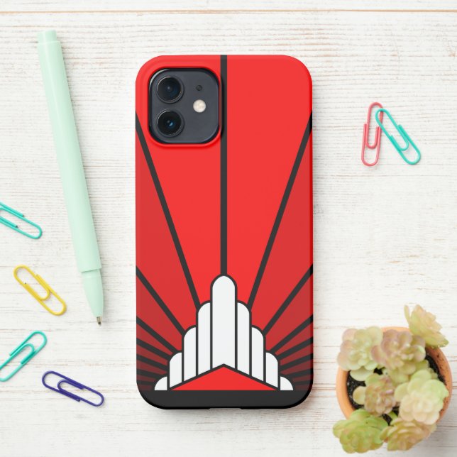 Art deco sun in red iPhone case (On Desk)