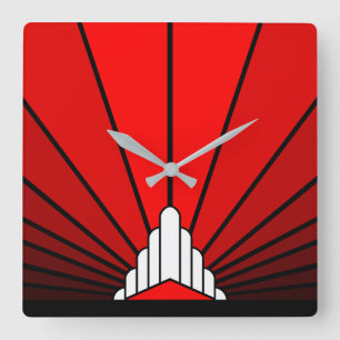 Art deco sun in red square wall clock