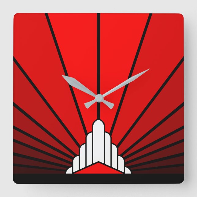 Art deco sun in red square wall clock (Front)