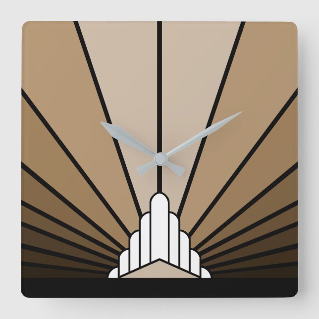 Art deco sun in tan square wall clock (Front)
