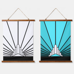 Art deco sun in teal & white hanging tapestry