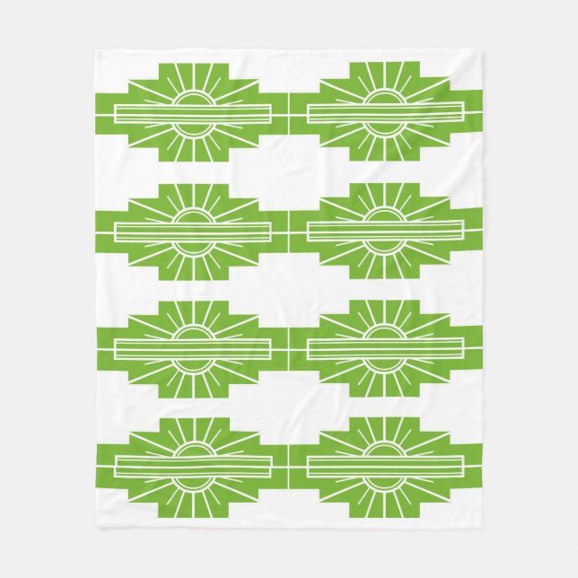 Art Deco Sunburst Pattern in White and Lime Fleece Blanket (Front)
