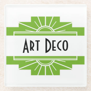Art Deco Sunburst Pattern in White and Lime Glass Coaster