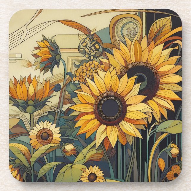 Art Deco Sunflower Hard plastic coaster set (Front)