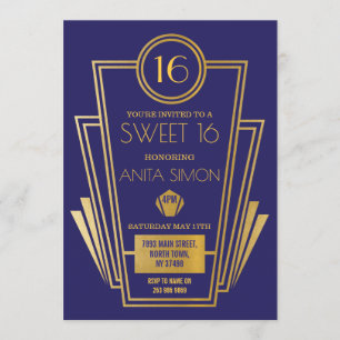 Art Deco Sweet 16 Birthday Party 1920s Gatsby Gold Invitation