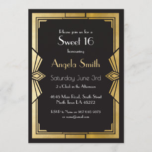 Art Deco Sweet 16 Party Gatsby Black Invite 1920's