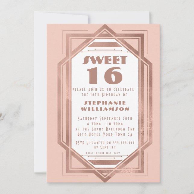 Art Deco Sweet 16 Rose Gold and Blush Pink Gatsby Invitation (Front)