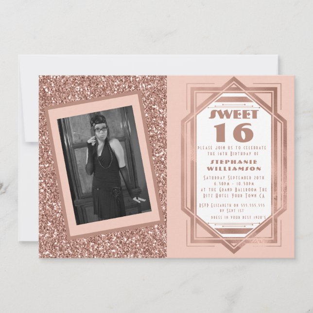 Art Deco Sweet 16 Rose Gold Glitter Gatsby Photo Invitation (Front)