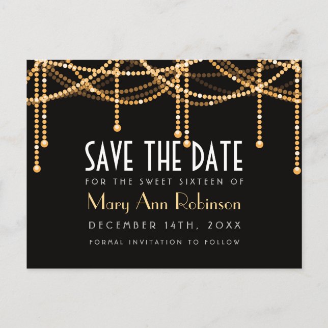 Art Deco Sweet 16 Save The Date Gold String Lights Announcement Postcard (Front)
