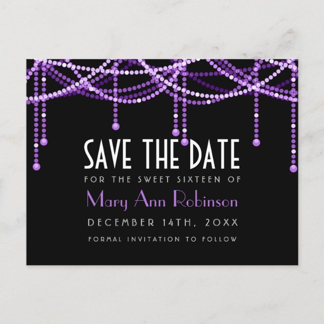 Art Deco Sweet 16 Save The Date String Light Purpl Announcement Postcard (Front)