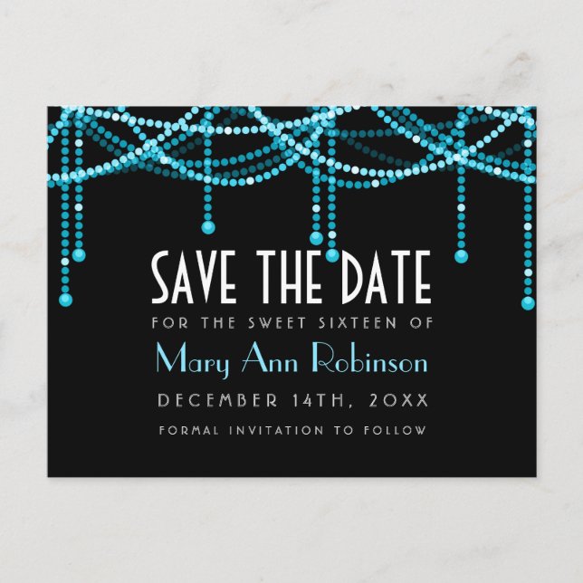 Art Deco Sweet 16 Save The Date String Light Turqu Announcement Postcard (Front)