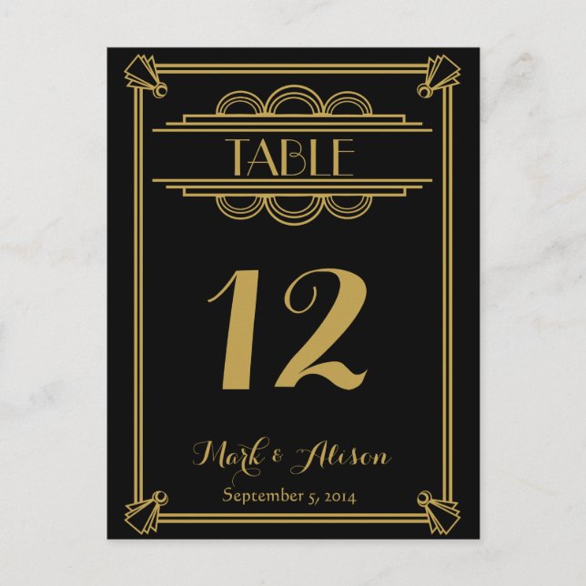 ART Deco Table Number with Menu  gold wedding Postcard (Front)