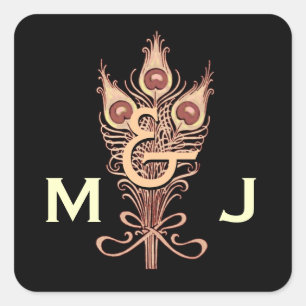 Art Deco Tan Peacock Feathers Monogram Wedding Square Sticker