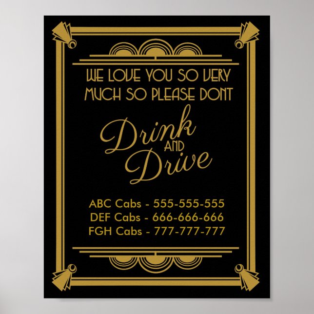 art deco Taxis wedding sign dont drink and drive (Front)