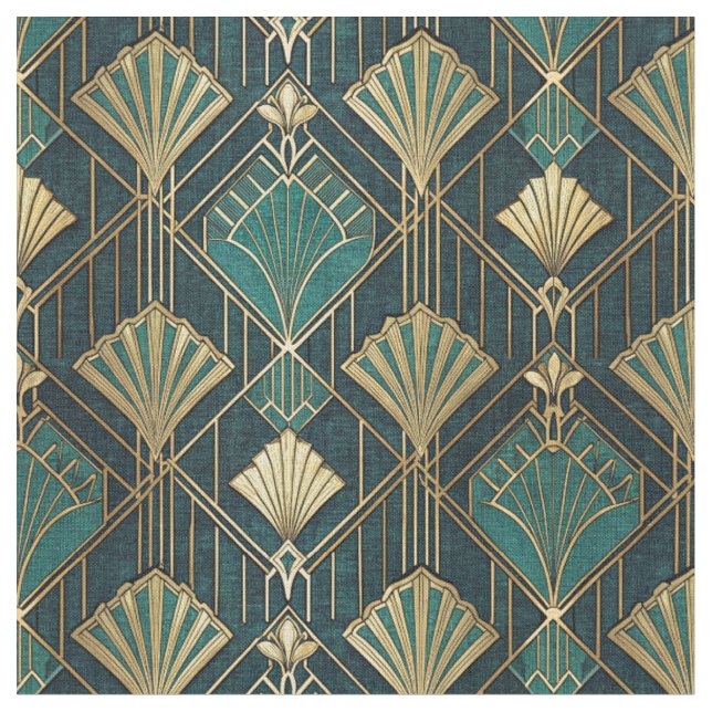 Art Deco Teal and Gold Geometric Abstract Pattern Fabric (Close Up)