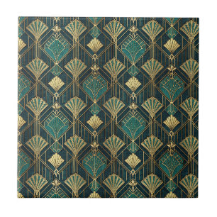 Art Deco Teal and Gold Geometric Abstract Pattern Tile